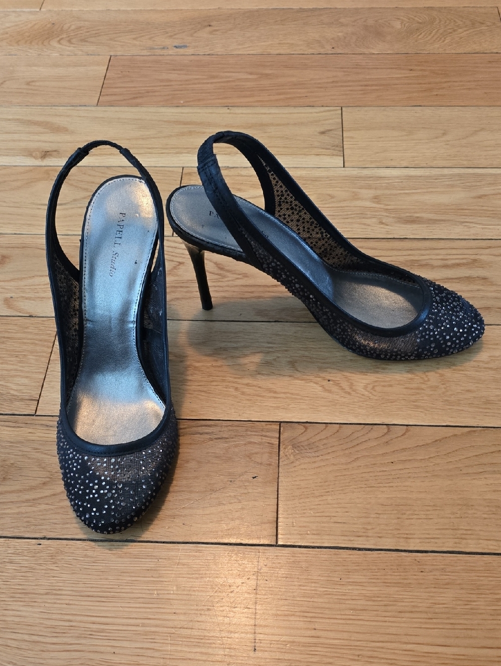 Papelle Studio Black Slingback Heels with Rhinestone Accents
